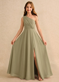 Azazie Puddles Girls Formal Abiti da Ragazza di Fiori Abito A-Line in Chiffon Monospalla Verde Muschio image5
