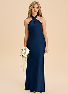 Azazie Chickie Junior Vestido de Azul Marino Oscuro de Satén Elástico de Corte Recto con Plisado image3