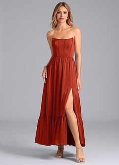 Azazie Leilana Bridesmaid Dresses Rust A-Line Corset Stretch Satin Dress image3