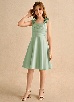 Azazie Resa Jurken voor bloemenmeisjes A-Lijn Jurk van Mat Satijn Geplooid Stoffige Salie image5