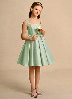 Azazie Jello Jurken voor bloemenmeisjes Baljurk Jurk van Mat Satijn Geplooid Stoffige Salie image4