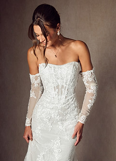 Azazie Caitlin Wedding Dresses Diamond White Mermaid Strapless Lace Dress image3
