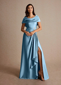 Azazie Branford vestidos de madre de la novia Vestido de Azul Acero de Satén Elástico de Corte En A con Plisado image7