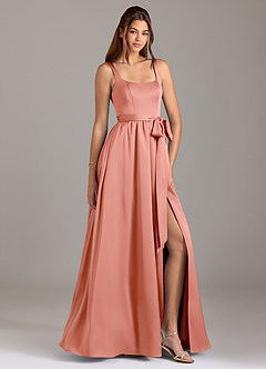 Azazie Elliott Bridesmaid Dresses Coral A-Line with Pockets Stretch Satin Dress image1