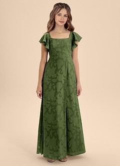 Azazie Bondi Junior Olive A-Line Bow Floral Burnout Dress image5