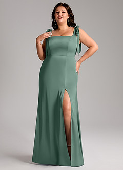 Azazie Frostine Brautjungfernkleider A-Linie Schleifen Stretch-Satin Kleid Eukalyptus image9