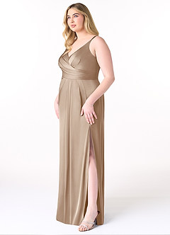 Azazie Aqua Vestidos de damas de honor Vestido de Gris Pardo de Satén Elástico de Corte en A con Cuello en V plisado image10