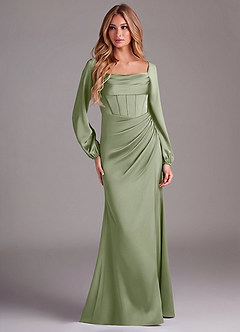Azazie Charissa Bridesmaid Dresses Pistachio Sheath Long Sleeve Stretch Satin Dress image3