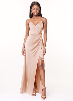 Azazie Maci Bridesmaid Dresses Blushing Pink A-Line V-Neck Pleated Stretch Satin Dress image1