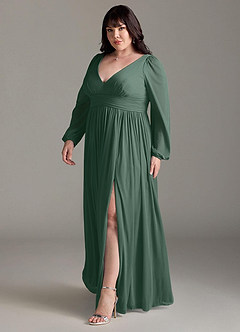 Azazie Norah Bridesmaid Dresses Sea Moss A-Line V-Neck Long Sleeve Chiffon Dress image11