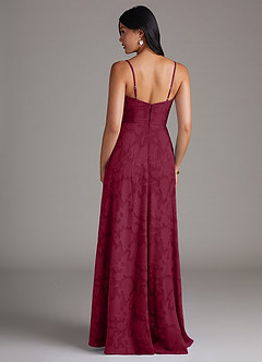 Azazie Moira Bridesmaid Dresses Burgundy A-Line Side Slit Floral Burnout Dress image2