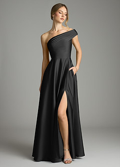 Azazie Melanie Bridesmaid Dresses Black A-Line Off the Shoulder Stretch Satin Dress image1
