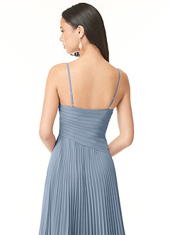 Azazie Vini Robes de demoiselle d'honneur Robe Trapèze en Mousseline de soie Col V plissé Bleu Poussiéreux image5