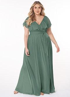 Azazie Jael Bridesmaid Dresses Eucalyptus A-Line V-Neck Mesh Dress image7