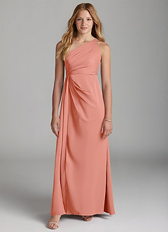 Azazie Mika Junior Coral A-Line Pleated Stretch Satin Dress image3