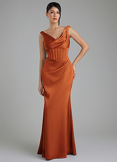 Azazie Spencer Robes de demoiselle d'honneur Robe Sirène en Satin extensible Plissée Cannelle image1