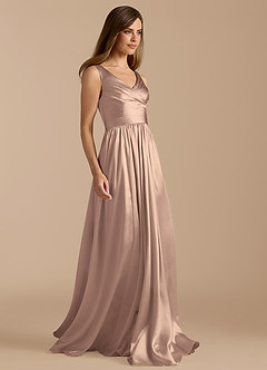 Azazie Keyla Bridesmaid Dresses Taupe A-Line Pleated Metallic Satin Dress image7