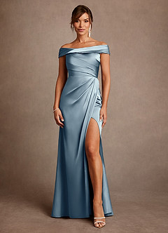 Azazie Bedford Abiti per la Madre della Sposa Abito Tubino in Raso Elasticizzato Plissettato Blu Polveroso image1