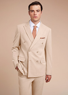 front Collins Tan Double Breasted Wool Blend Suit Jacket