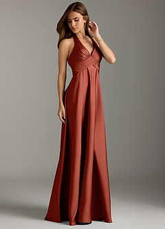 Azazie Tessie Bridesmaid Dresses Terracotta A-Line Pleated Stretch Satin Dress image4