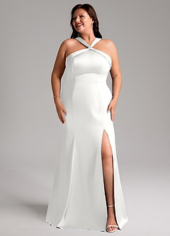 Azazie Rue Bridesmaid Dresses White Mermaid Pleated Stretch Satin Dress image10