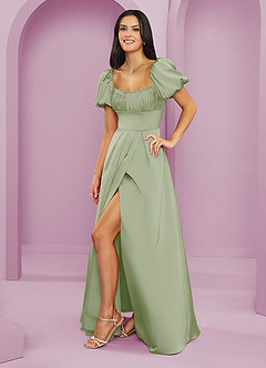 Barbie ♥ Azazie Bridesmaid Dresses Dusty Sage A-Line Ruched Stretch Satin Dress image3
