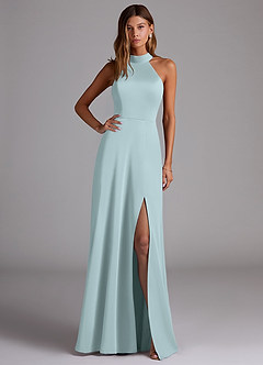 Azazie Myra Bridesmaid Dresses Mist A-Line Side Slit Stretch Satin Dress image1