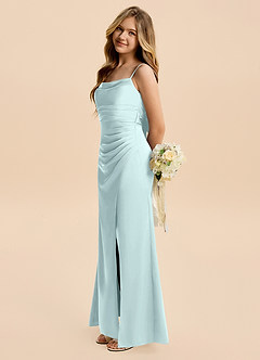 Azazie Minnie Junior Sea Glass A-Line Ruched Stretch Satin Dress image3