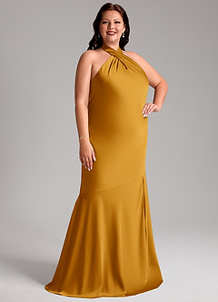 Azazie Lorena Robes de demoiselle d'honneur Robe Sirène en Satin extensible Plissée Caramel écossais image4