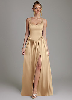 Azazie Francis Bridesmaid Dresses Champagne A-Line Corset Stretch Satin Dress image1