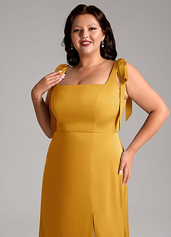Azazie Frostine Bridesmaid Dresses Butterscotch A-Line Bow Stretch Satin Dress image10