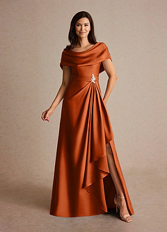 Azazie Branford Vestidos para mãe da noiva Vestido Laranja Queimada de Cetim elástico de Linha A com Plissado image1