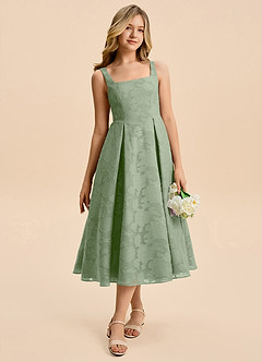 Azazie Amalie Junior Vestido de Salvia Polvorienta de Devorado Floral de Corte en A con Volante image7