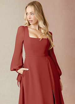 Azazie Leonia Abiti da Damigella Abito A-Line in Chiffon Manica Lunga Terracotta image6