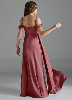 Azazie Amyra Junior Desert Rose Sheath Off the Shoulder Stretch Satin Dress image2