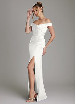 Azazie Teyana Bridesmaid Dresses White Sheath Off the Shoulder Stretch Satin Dress image5