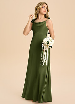 Azazie Gumdrop Junior Olive Empire Pleated Stretch Satin Dress image4