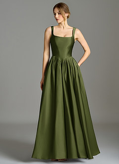 Azazie Verina Bridesmaid Dresses Olive A-Line Pleated Stretch Satin Dress image1