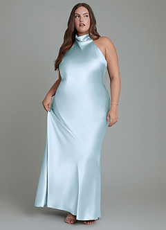 Azazie Velli At-home Try On Dresses Sky Blue Sheath High Neck Metallic Satin Dress image11
