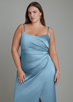 Azazie Calandra Vestidos de damas de honor Vestido Azul Acero de Satén Elástico de Corte Recto con Plisado image13