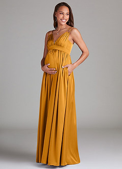 Azazie Emree Maternity Bridesmaid Dresses A-Line Stretch Satin Floor-Length Dress with Pockets image3