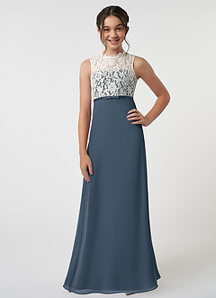 Azazie Rana Junior A-Linie Spitze Chiffon Kleid Neptunblau image1