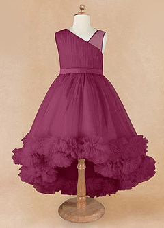 Azazie Lottie Flower Girl Dresses Mulberry A-Line One Shoulder Satin Dress image5