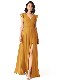 Azazie Claudine Final Sale Butterscotch A-Line Flutter Sleeve Chiffon Dress image2