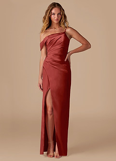 Azazie Lia Bridesmaid Dresses Rust Sheath Off the Shoulder Metallic Satin Dress image1