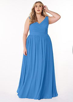 Azazie Keyla Vestidos de damas de honor Vestido de Azul Grisaceo de Gasa de Corte en A con Cuello en V Plisado image6