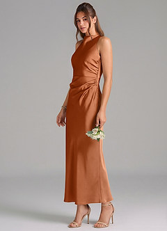 Azazie Evadne Bridesmaid Dresses Copper Sheath Pleated Stretch Satin Dress image1