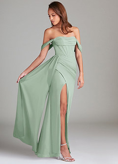 Azazie Amyra Bridesmaid Dresses Agave Sheath Off the Shoulder Chiffon Convertible Dress image2