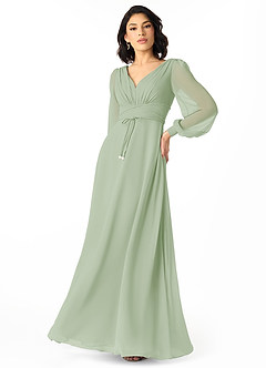 Azazie Sage Final Sale Dusty Sage A-Line Long Sleeve Chiffon Dress image3