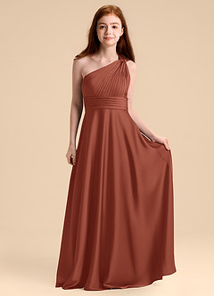 Azazie Charlize Junior Robe Trapèze en Satin extensible Plissée Auburn image4